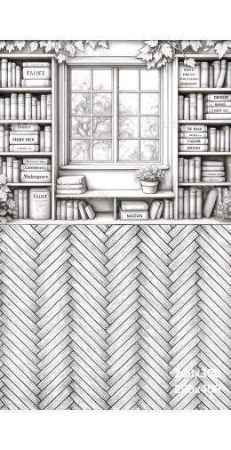 Tło fotograficzne – rysunkowa biblioteka z klasykami literatury i oknem | 3714
